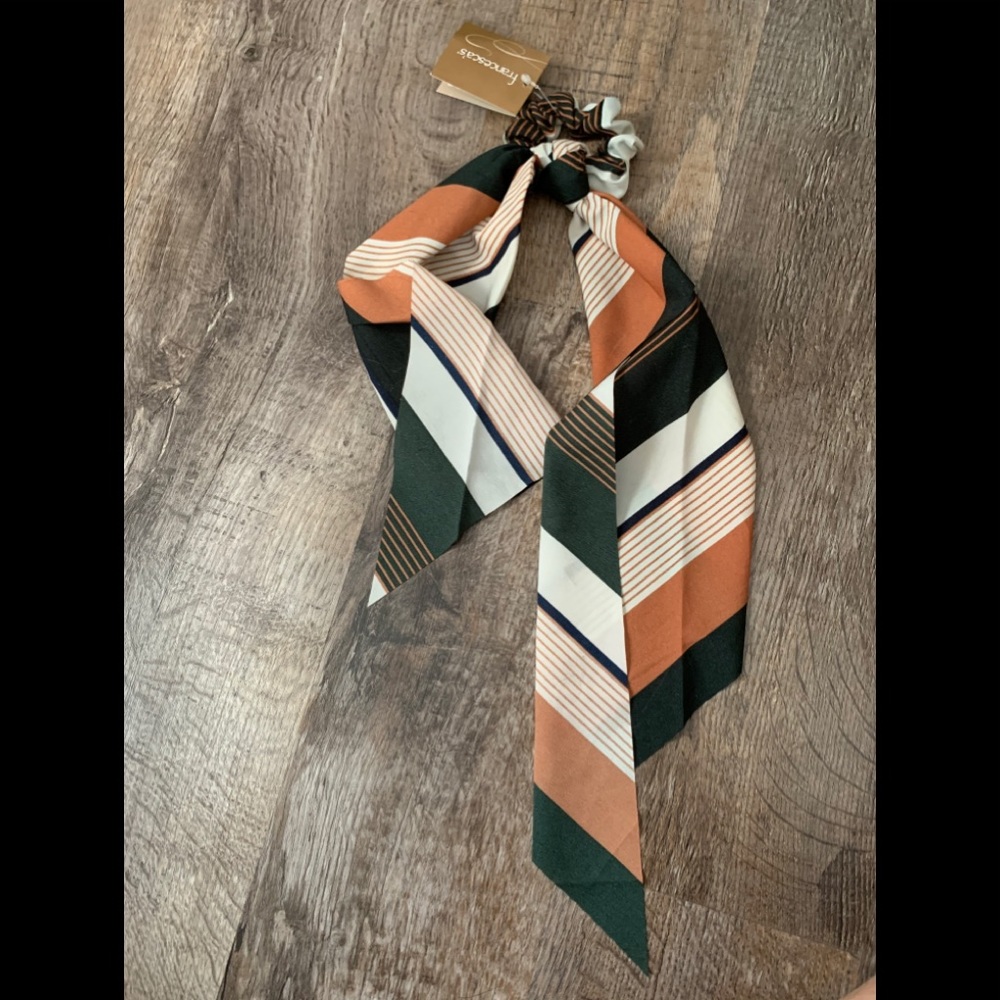 Francesca's Collections Striped Scarf Scrunchie in Green, Rust, Cream, Navy